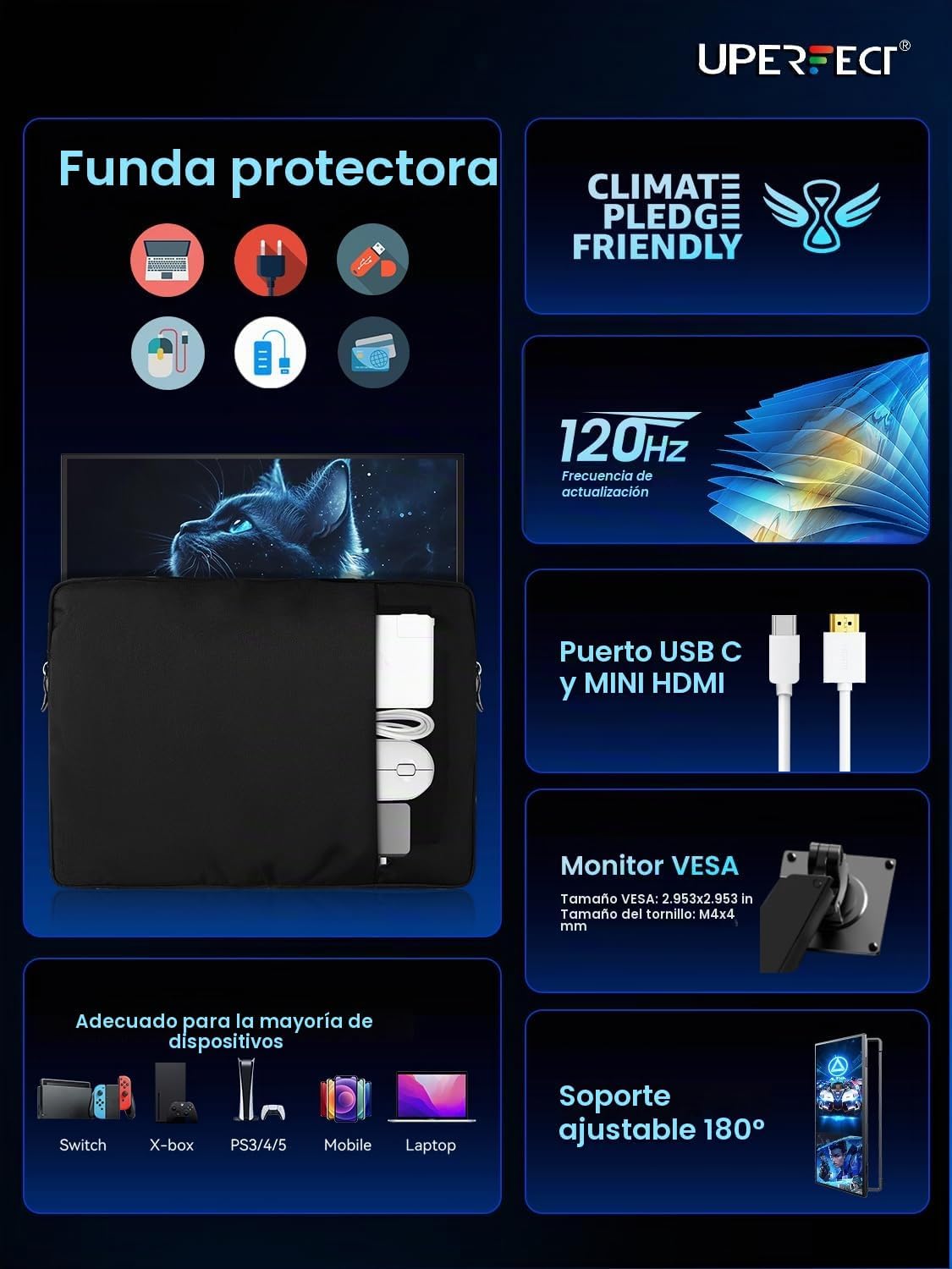 UPERFECT Monitor portátil de 18.5 pulgadas, 120Hz, pantalla táctil,...