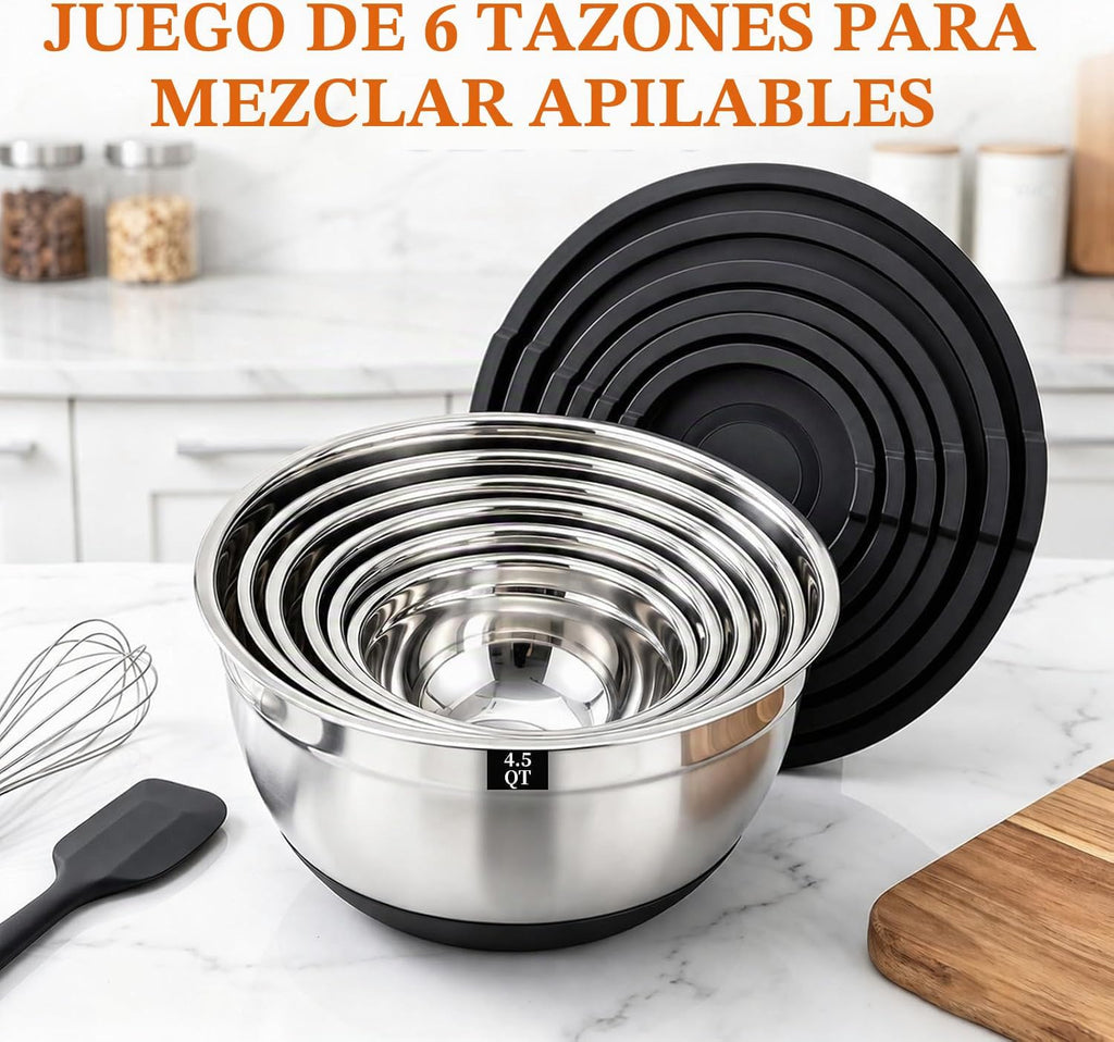Juego de 21 tazones negros para mezclar con tapas, tamaño 4.5, 4, 3.5, 2.1, 1.5, 1.1 cuartos de galón para hornear, cuencos de acero inoxidable con base antideslizante y accesorios para
