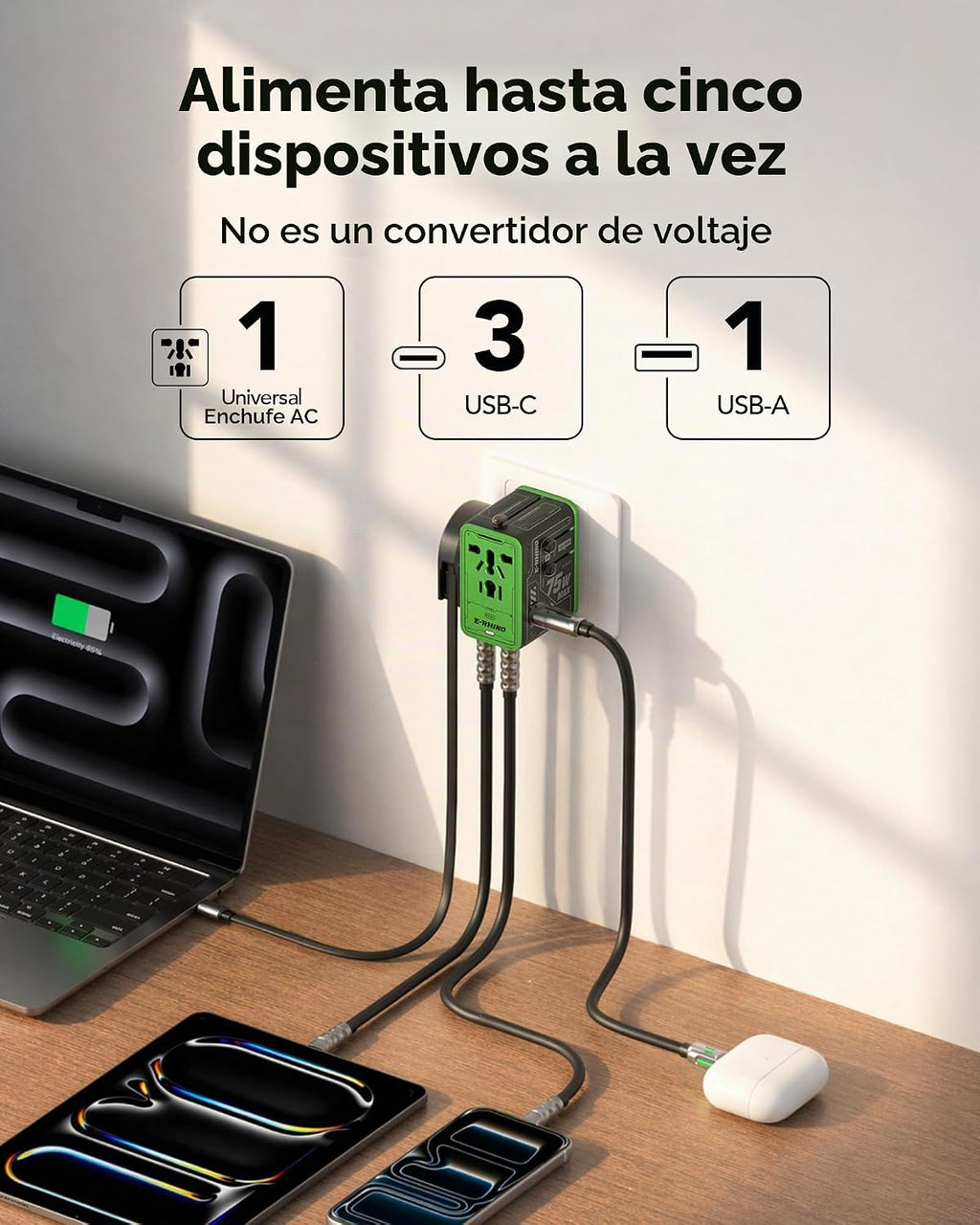 Adaptador de viaje universal de 5 puertos de 75 W, carga todo en uno