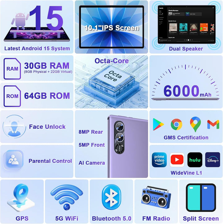 Tablet Android 15 2026, tabletas de 10 pulgadas con Gemini AI, 30GB...