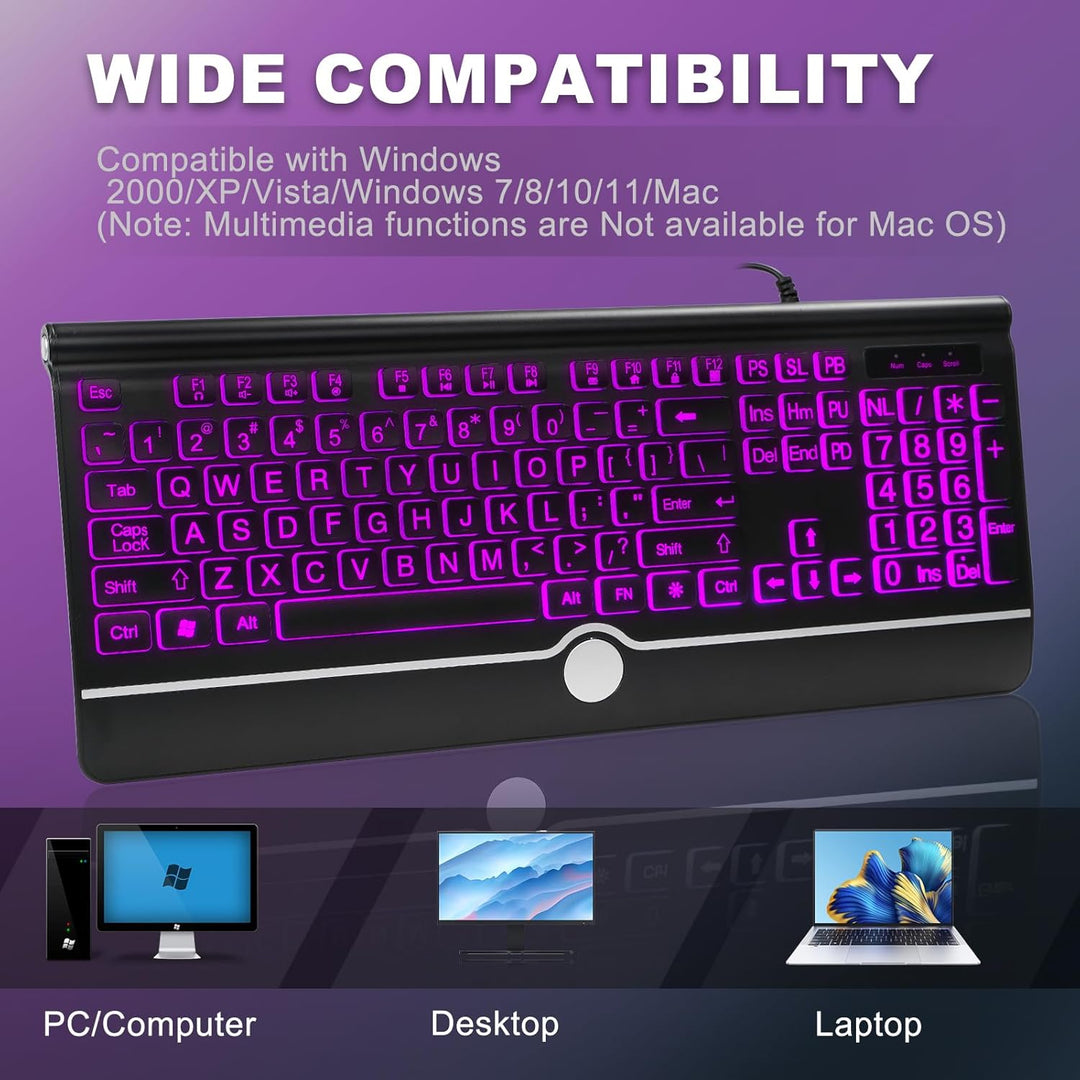 Teclado de computadora retroiluminado de letras grandes, teclado re...
