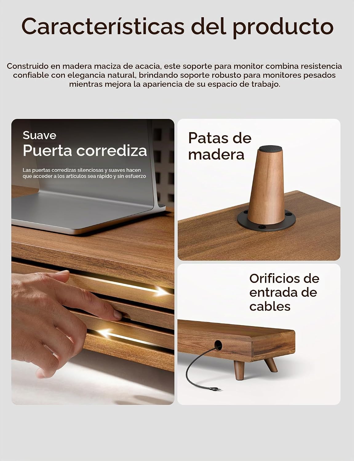 Soporte Elevador para Monitor de Madera de 24" con Puerta Deslizante y Gestión de Cables