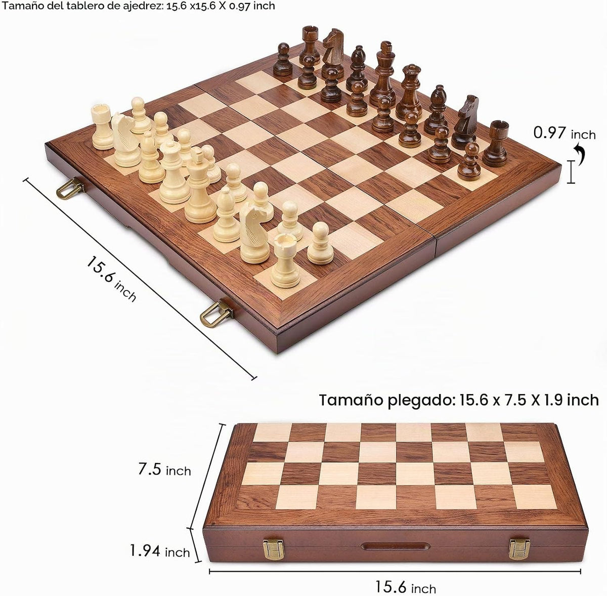 AMEROUS Juego de ajedrez y damas de madera con piezas de ajedrez ponderadas mejoradas, juegos de mesa de ajedrez de 15 pulgadas (2 en 1) para niños, adultos con 2 reinas adicionales/24 piezas de animadores/paquete de regalo