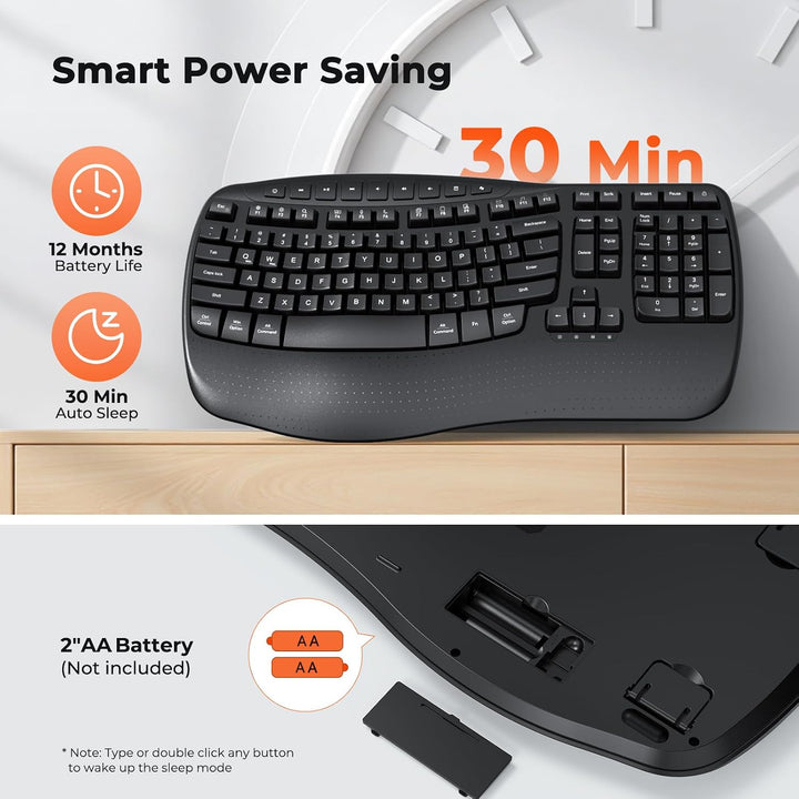 MEETION Teclado ergonómico inalámbrico, teclas onduladas, reposamuñ...
