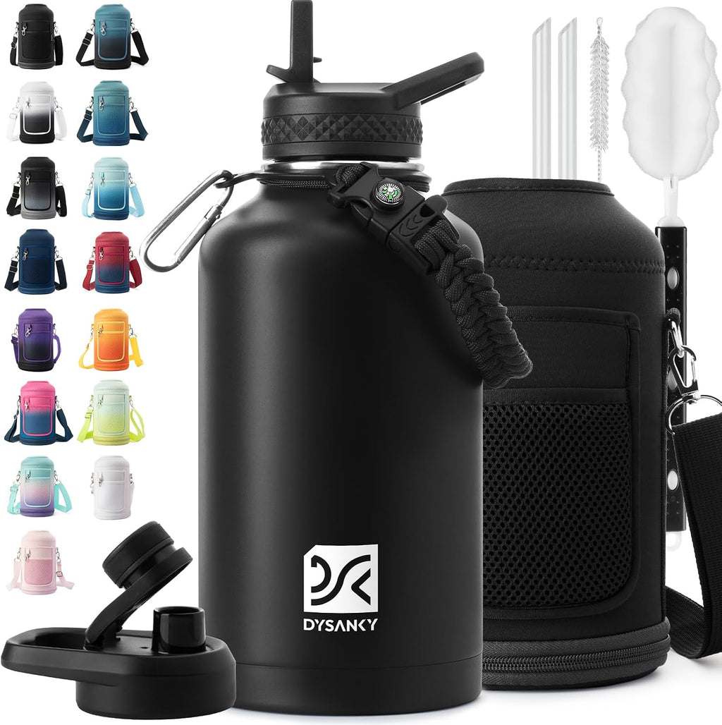 DYSANKY Botella de agua aislada | Metal al vacío de acero inoxidable grueso | Jarra de agua portátil grande de medio galón para gimnasio y senderismo con pajilla, bolsa de transporte, correa para asa