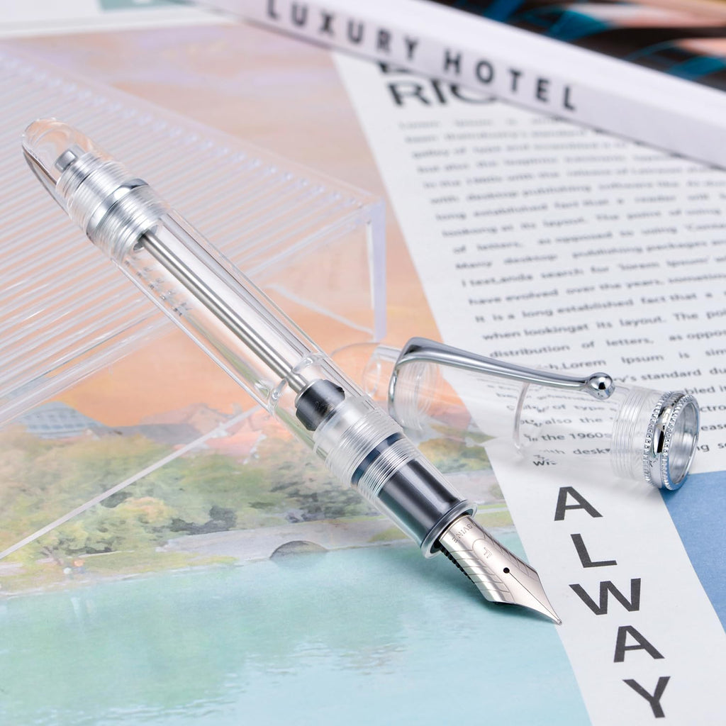 Asvine V800 - Pluma estilográfica, sistema de llenado al vacío con gran capacidad de tinta, punta media lisa número 8 con estuche de regalo y llave, acrílico plateado transparente