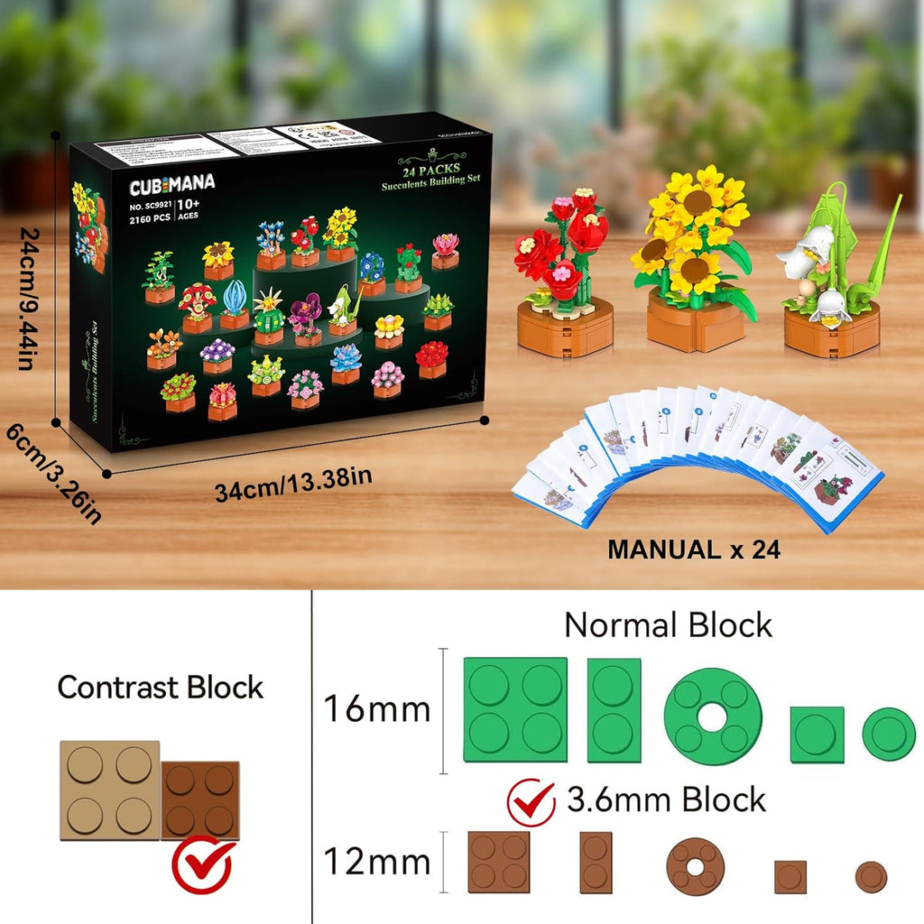 CUBIMANA Paquete de 24 mini construcción botánica de flores para adultos y