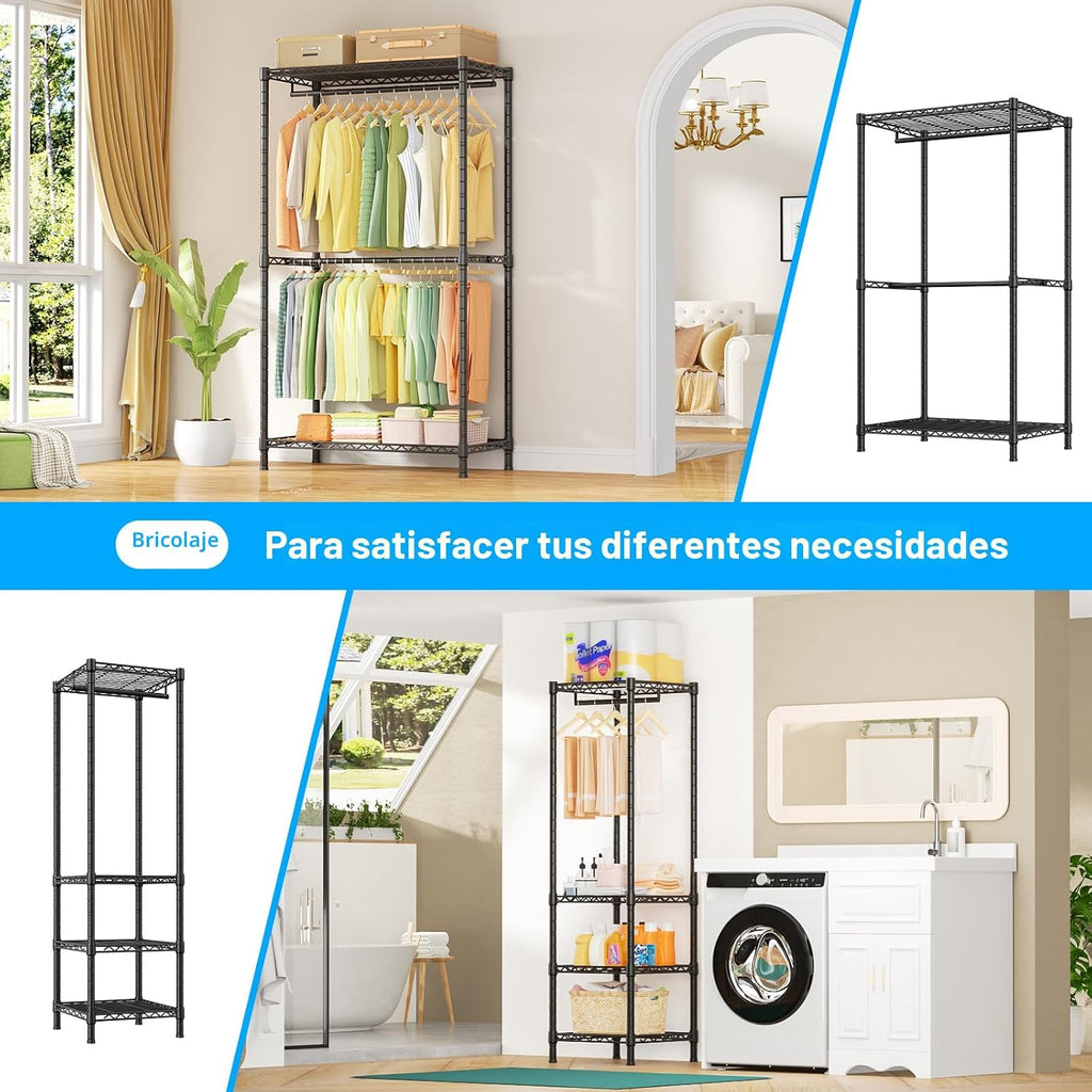 Perchero E10 (Con Barra Colgante Extensible) Percheros Independientes para Colgar Ropa, Sistema Organizador de Armario Ajustable, Perchero Portátil 73-97" An x 15" Pr x 72" Al, Carga Máxima 800