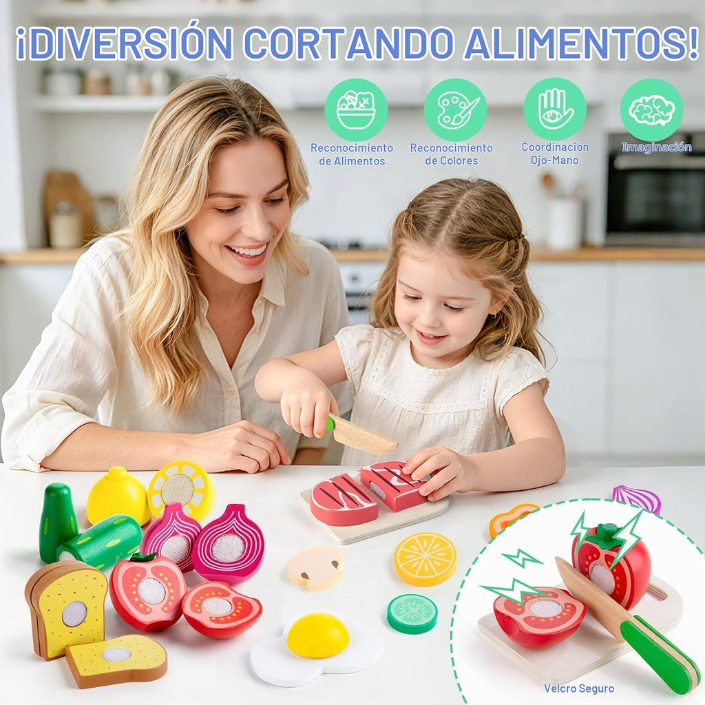 Juboury Wooden Play Food Sets para Kid Kitchen con Stainless Steel Cookware