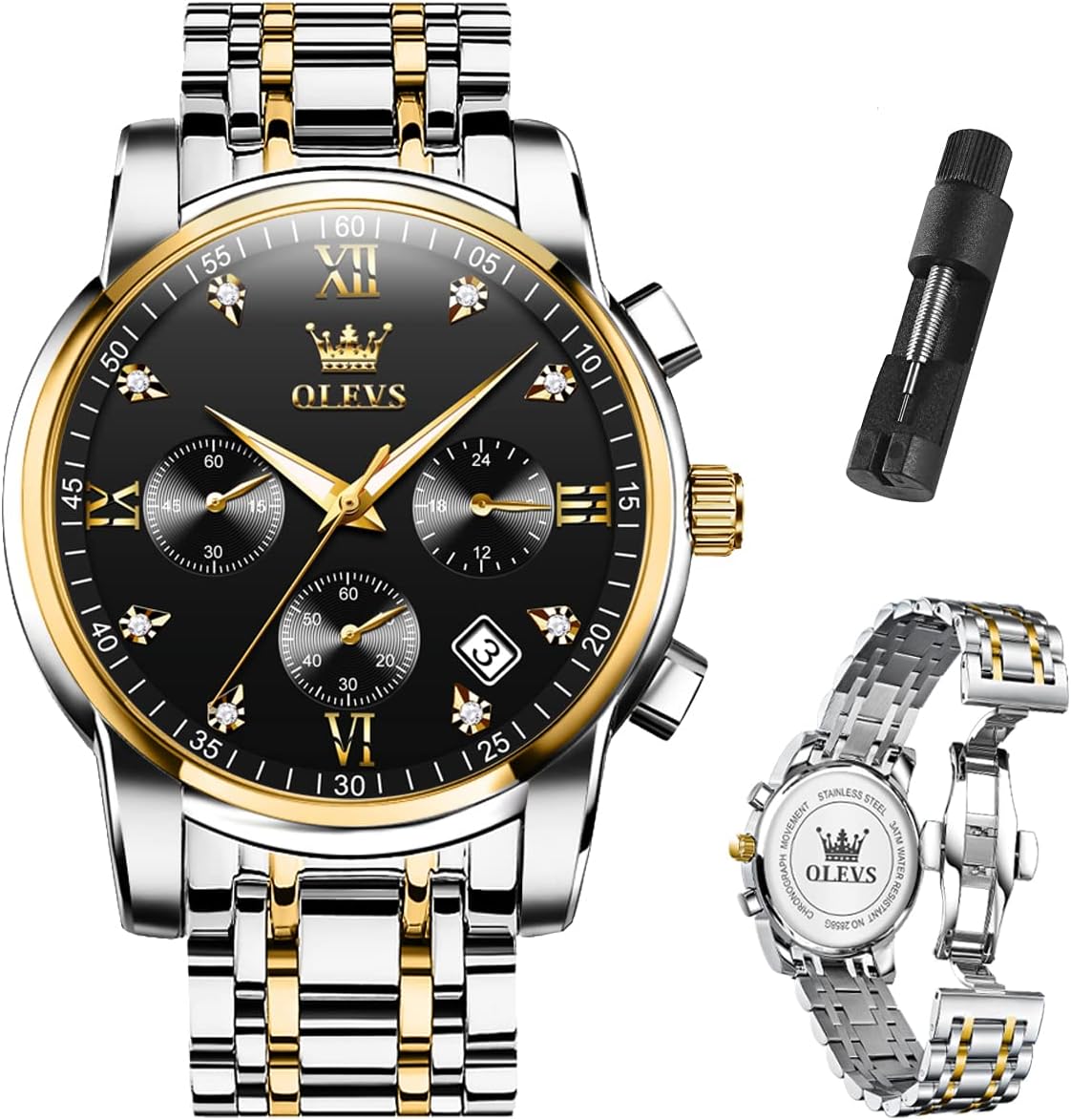 OLEVS Relojes para Hombre de Lujo a prueba de agua Lúminosos de lectura fácil Cronógrafo Con Esmalte Dorado Completo / Blanco Dial / Cara Negra Calendario Pulsera Relojes