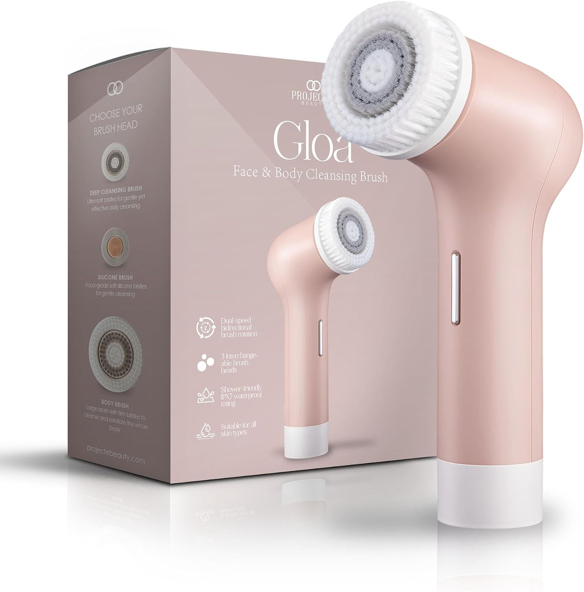 Gloa - Cepillo de limpieza facial y corporal de Project E Beauty | 3 cepillos de limpieza | Limpiador de poros | Cepillos para limpieza | Exfoliante para cara y cuerpo | Limpiador de cepillos para cuerpo | Kit de cuidado de la piel impermeable