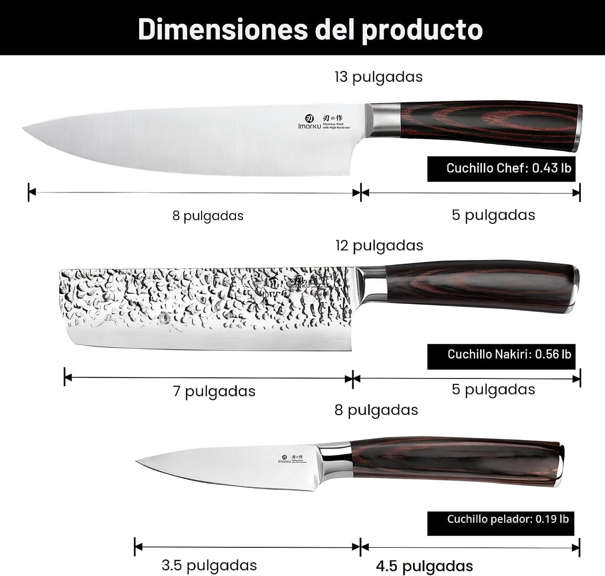 imarku - Juego de cuchillos de cocina de acero inoxidable japonés HC (3