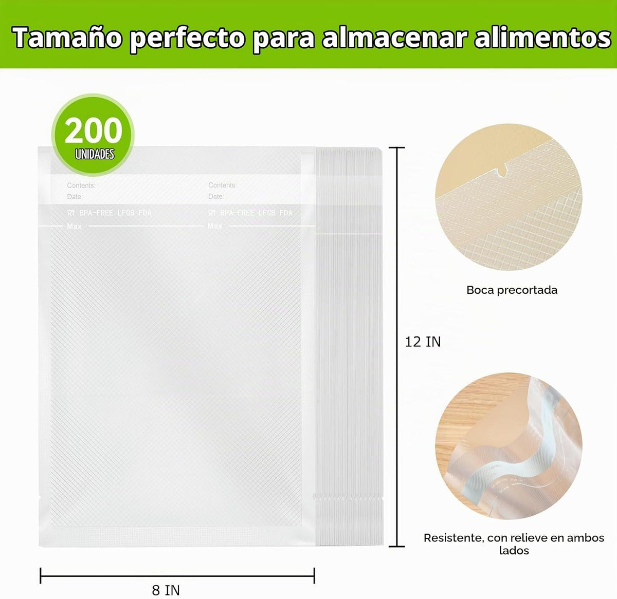 Bonsenkitchen Bolsas selladoras al vacío precortadas, 200 unidades tamaño cuarto de galón de 8 x 12 pulgadas, sin BPA, bolsa selladora al vacío de alimentos con textura de grado comercial, bolsas