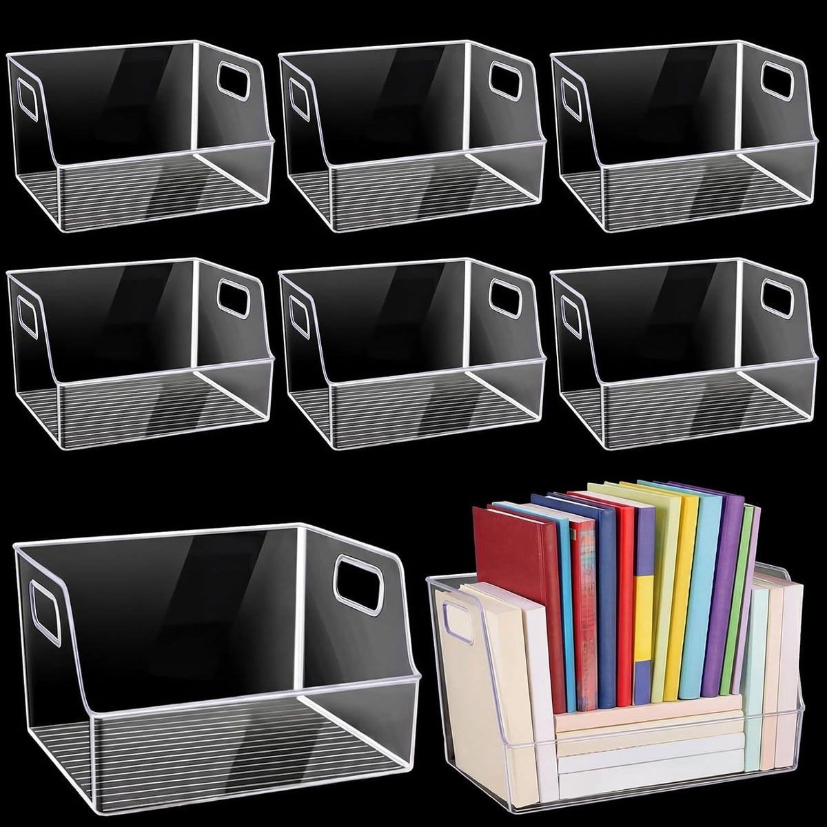 8 piezas de almacenamiento grande transparente para libros de 13 x 8.5 x 5.9 pulgadas, organizador de libros, apilable, contenedores de almacenamiento con asa, estantería de oficina, estante