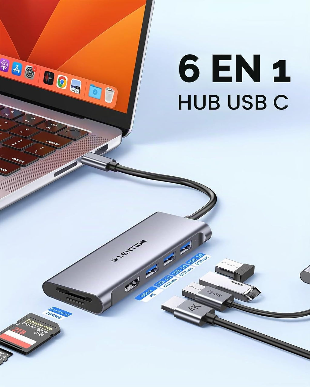 LENTION Hub USB-C con HDMI 4K, 3 USB 3.0, lector de tarjetas SD/Micro SD 3.0, compatible con MacBook Pro/Air, Mac Air/Surface, Chromebook, iPhone 15 o más, adaptador de controlador estable (gris