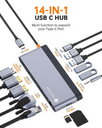 Estación de acoplamiento USB C, pantalla cuádruple, estación de acoplamiento para laptop 14 en 1, monitor doble, 8K @30Hz DP, dual 4K @60Hz HDMI, VGA, 5 puertos de datos USB, 100 W PD, Ethernet, SD/TF