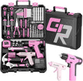 Juego de herramientas de taladro inalámbrico rosa de 188 piezas para mujer, kit de herramientas para caja casera
