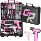 Juego de herramientas de taladro inalámbrico rosa de 188 piezas para mujer, kit de herramientas para caja casera