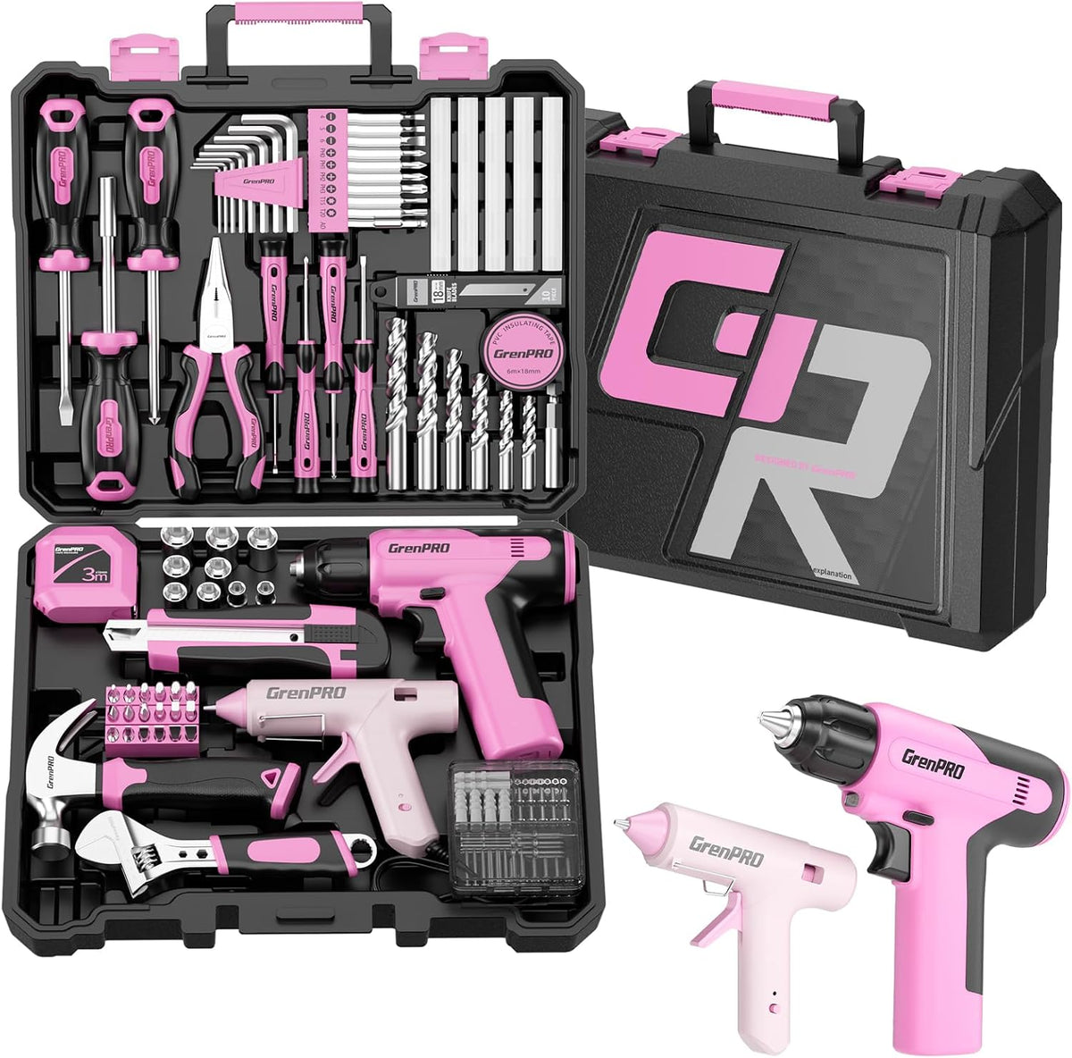 Juego de herramientas de taladro inalámbrico rosa de 188 piezas para mujer, kit de herramientas para caja casera