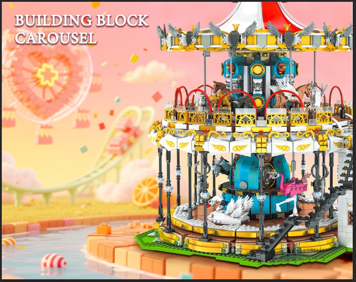 Sosuy Juego de Construcción de Carrusel, Modelo de Tiovivo Motorizado Eléctrico, Juguete de Parque de Atracciones para Niños, Niñas y Adolescentes, Regalos de Cumpleaños para Adultos y Niños de 6, 7