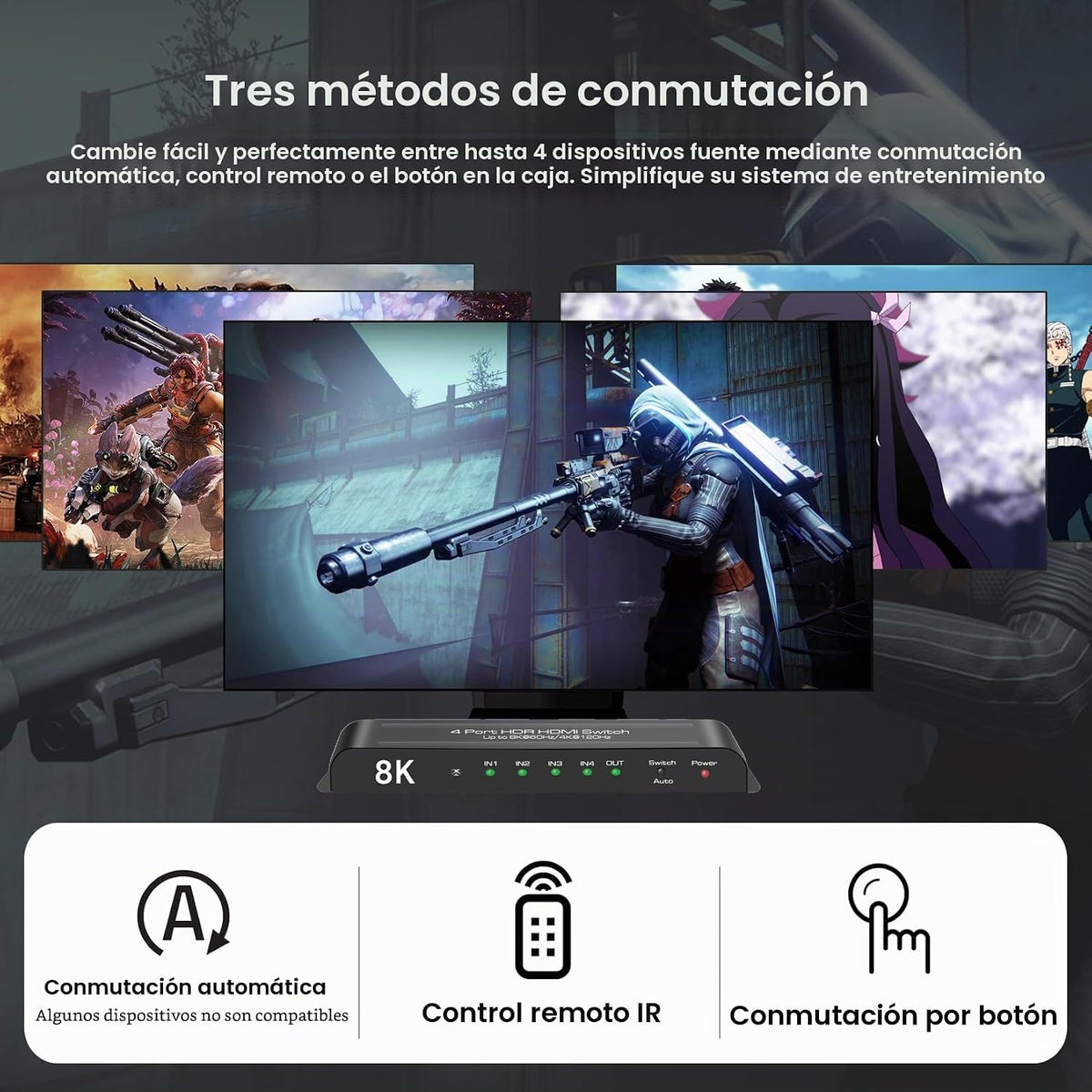 ROOFULL Interruptor HDMI de 4 puertos 8K con control remoto