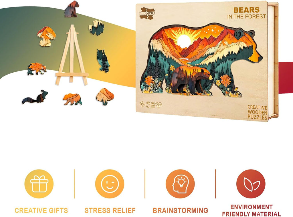 Rompecabezas de madera para adultos, rompecabezas de madera de osos en el bosque, rompecabezas de madera únicos con forma de animal para adultos, regalos de cumpleaños de Navidad para amigos/familia