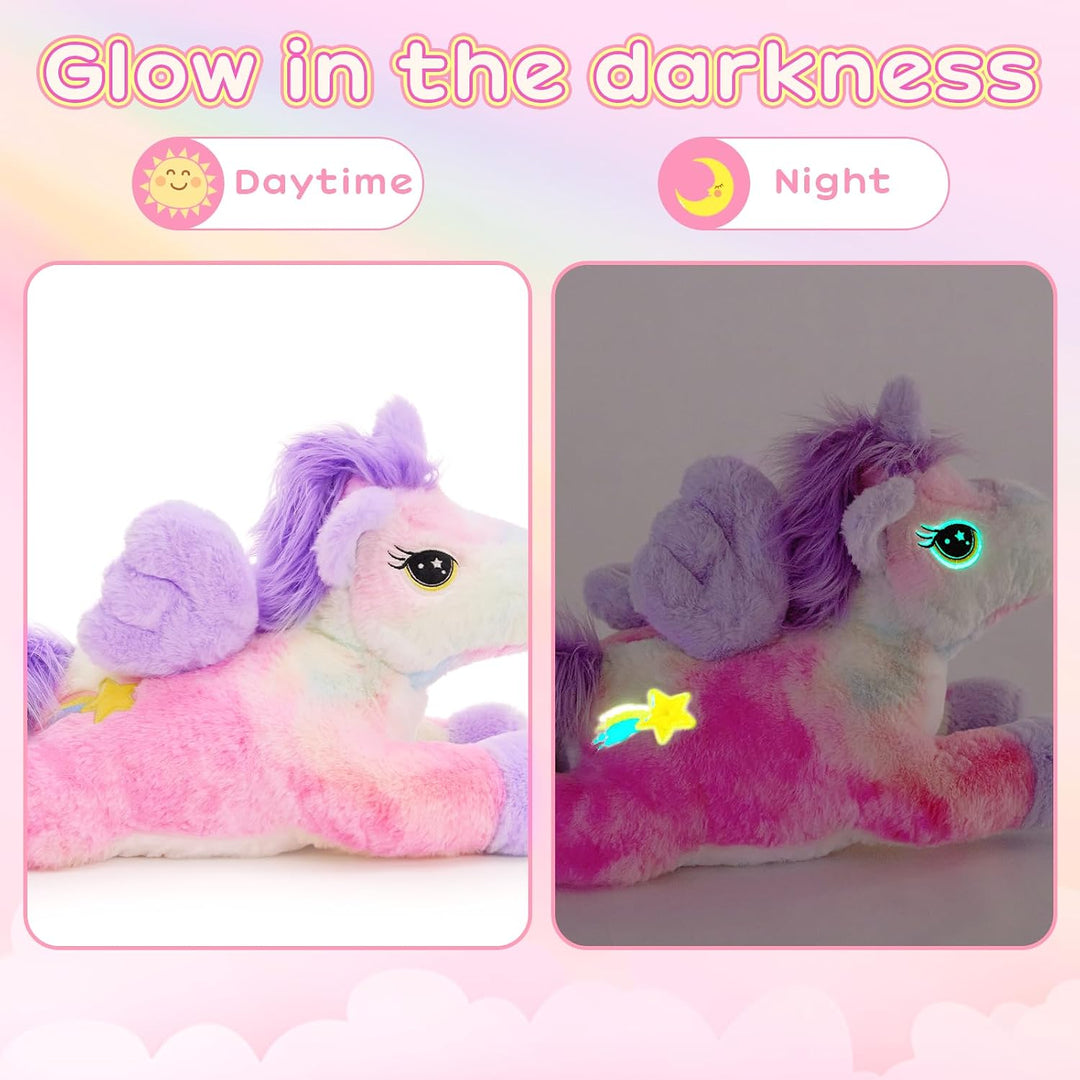 Tezituor Juego de peluche de unicornio que brilla en la oscuridad,...