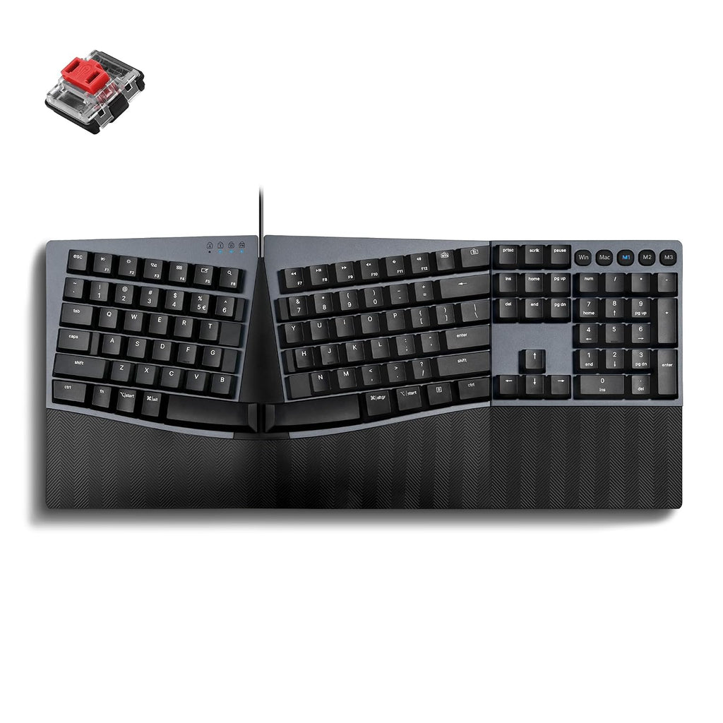 Perixx PERIBOARD-535BL [Firmware actualizado] Teclado mecánico ergonómico con cable, tamaño completo, interruptores azules de perfil bajo, compatible con Windows y macOS