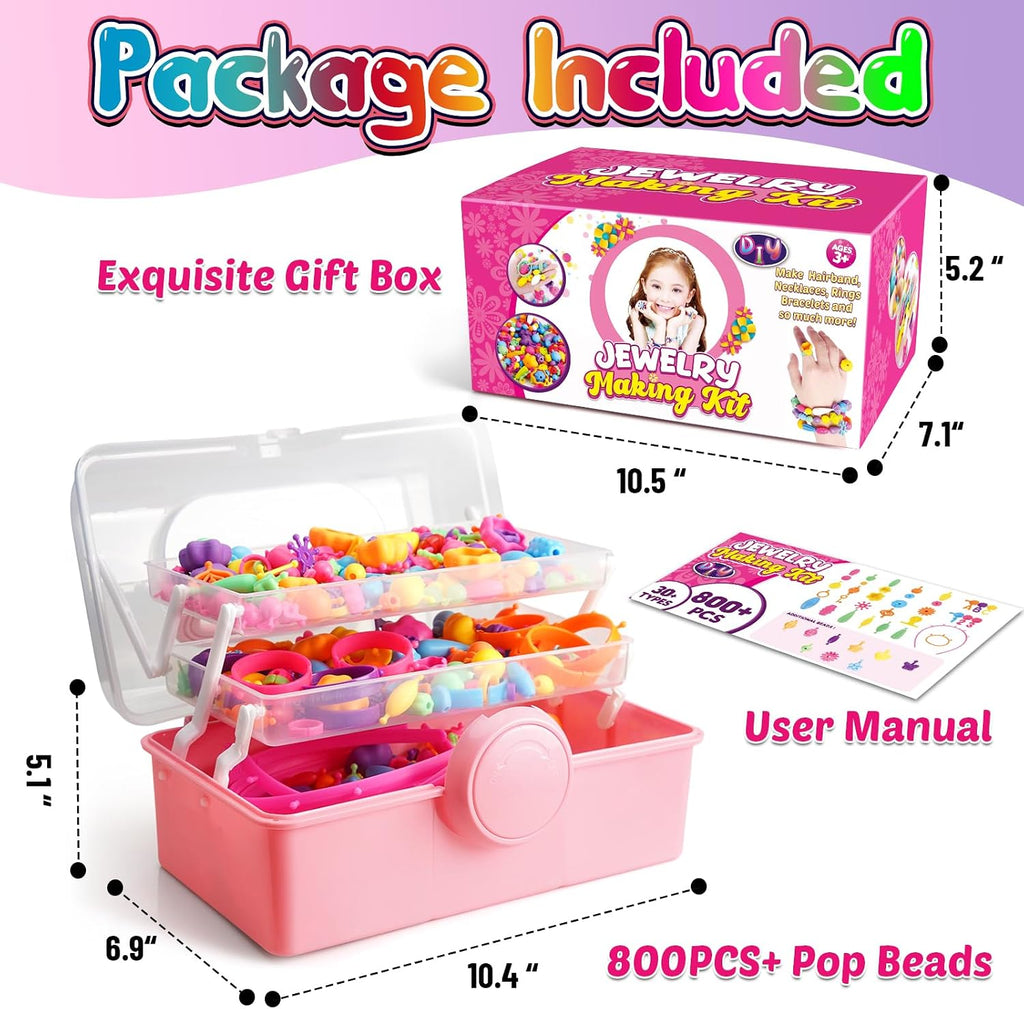 850 cuentas pop – Kit de fabricación de joyas para niñas de 3, 4, 5, 6, 7, 8 años, juguetes de artes y manualidades para niños, collar, pulsera, anillo, banda para el cabello, juego de broches de presión creatividad, regalos de cumpleaños para niños