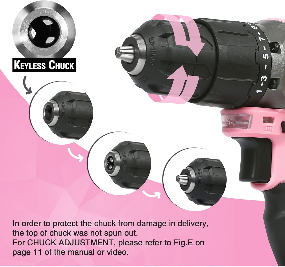 WORKPRO Taladro Atornillador Inalámbrico Rosa de 20V de Iones de Litio, 1 Batería, Cargador y Bolsa de Almacenamiento Incluidos - Cinta Rosa