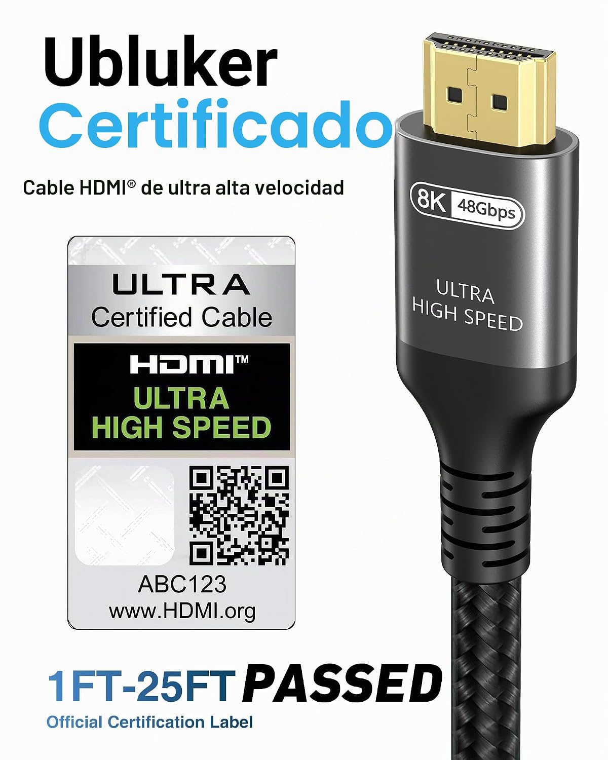 10K 8K 4K Cable HDMI 48Gbps 20 pies, Certificado Cable HDMI® de Ultra Alta Velocidad 4K 240Hz 144Hz 120Hz 8K60Hz 0.01ms HDR10+ eARC HDCP2.3 Netflix Roku TV PC Monitor Proyector PS5 Xbox