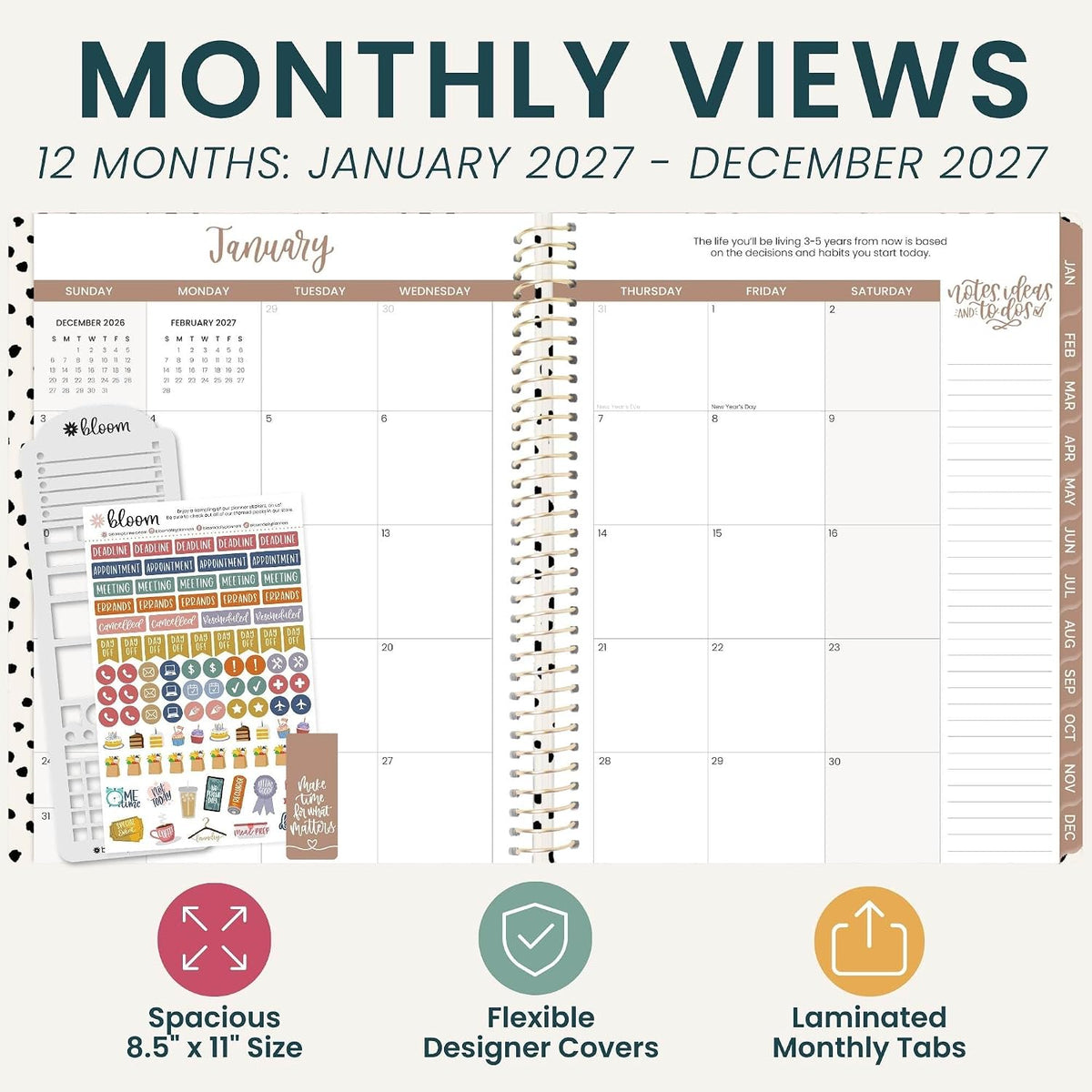 bloom daily planners Agenda y plantilla 2027 para mujer (8.5 x 11 pulgadas), calendario semanal y mensual (enero a diciembre), agenda organizadora de libros con calcomanías, simplemente manchada