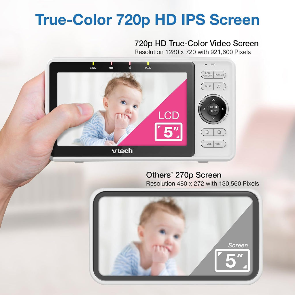 VTech Monitor inteligente WiFi para bebés: mira a tu bebé en casa o desde cualquier lugar, aplicación gratuita, cámara de 1080p, pantalla de 5 pulgadas, zoom panorámico, visión nocturna