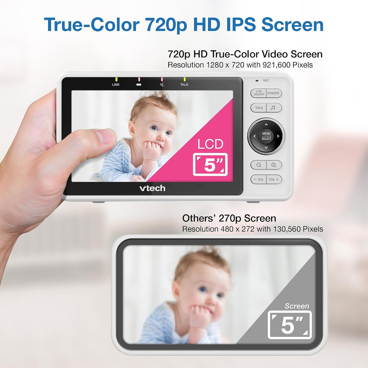 VTech Monitor inteligente WiFi para bebés: mira a tu bebé en casa o desde cualquier lugar, aplicación gratuita, cámara de 1080p, pantalla de 5 pulgadas, zoom panorámico, visión nocturna