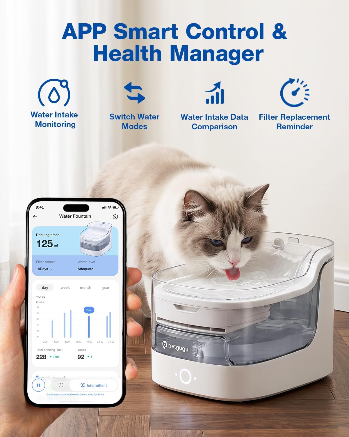 PETGUGU Fuente de agua para gatos de 2L/68 oz Fuente inalámbrica para