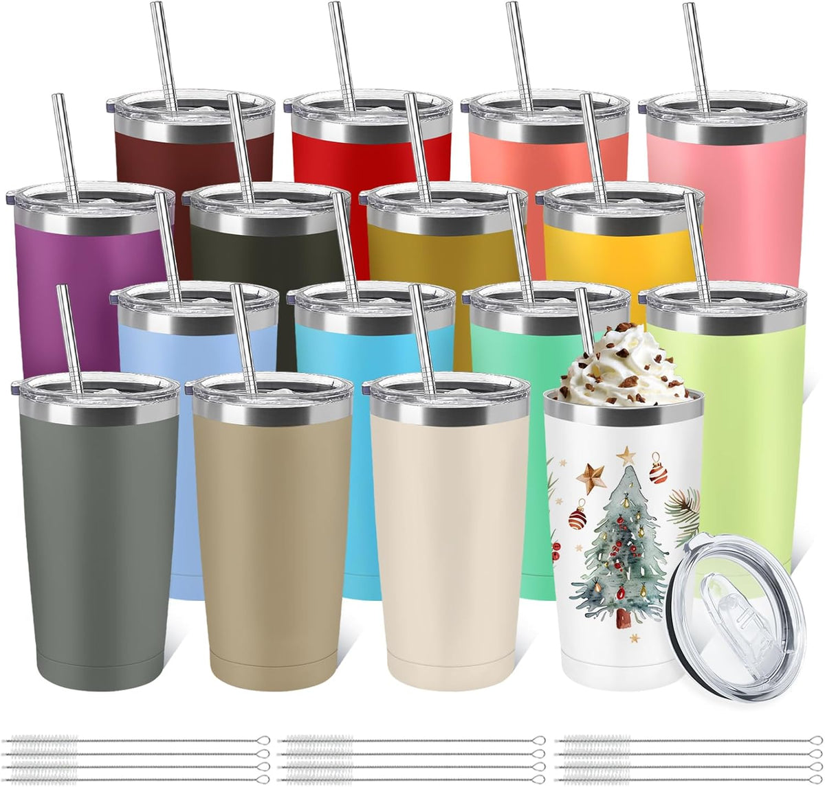 YOUKE OLA Paquete de 16 vasos de acero inoxidable a granel de 20 onzas, taza de viaje aislada al vacío, taza de café con recubrimiento en polvo, regalo para cócteles de vino, bebidas frías y calientes