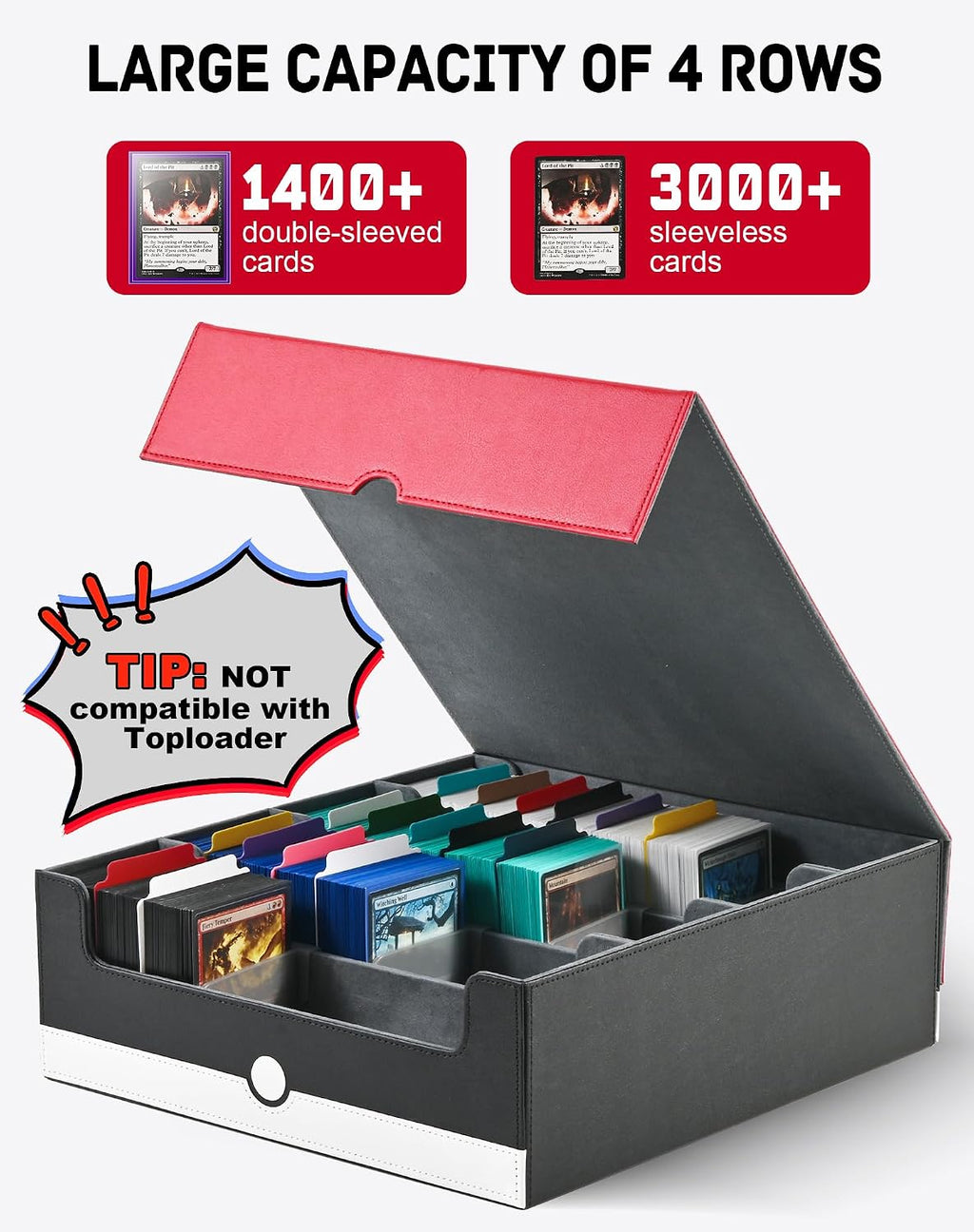 ZLCA Caja de almacenamiento de tarjetas con capacidad para más de 3200 unidades, funda de almacenamiento con 4 tapones, organizador de tarjetas para TCG MTG PTCG (rojo y blanco)