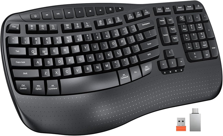 MEETION Teclado ergonómico inalámbrico, teclas onduladas, reposamuñ...