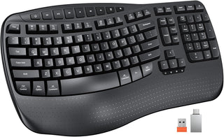 MEETION Teclado ergonómico inalámbrico, teclas onduladas, reposamuñ...