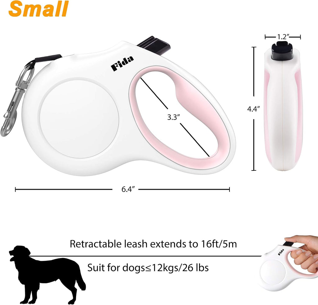 Fida Correa retráctil para perros de razas pequeñas de hasta 26 libras, correa para caminar para mascotas de 16 pies con dispensador y bolsas para excrementos, mango antideslizante, cinta de nailon