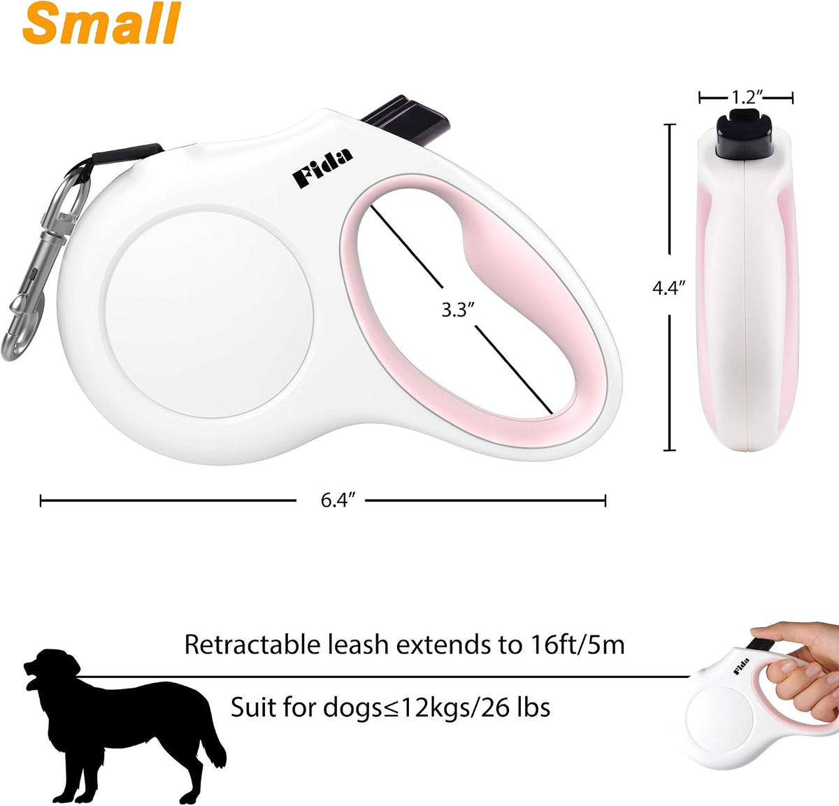 Fida Correa retráctil para perros de razas pequeñas de hasta 26 libras, correa para caminar para mascotas de 16 pies con dispensador y bolsas para excrementos, mango antideslizante, cinta de nailon