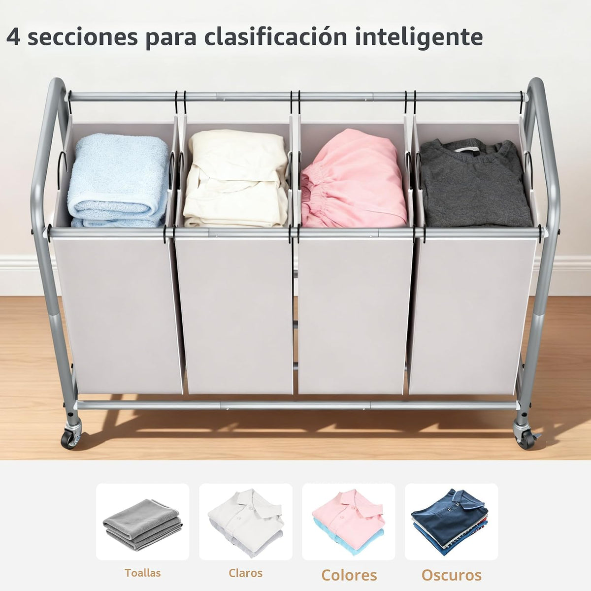 STORAGE MANIAC - Clasificador de ropa sucia de 4 secciones, cesta con