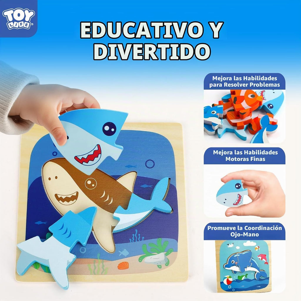 TOY Life - Rompecabezas de madera para niños pequeños de 2 a 4 años, rompecabezas de animales marinos para niños pequeños de 1 a 3 años, rompecabezas de madera, juguetes Montessori educativos, regalos