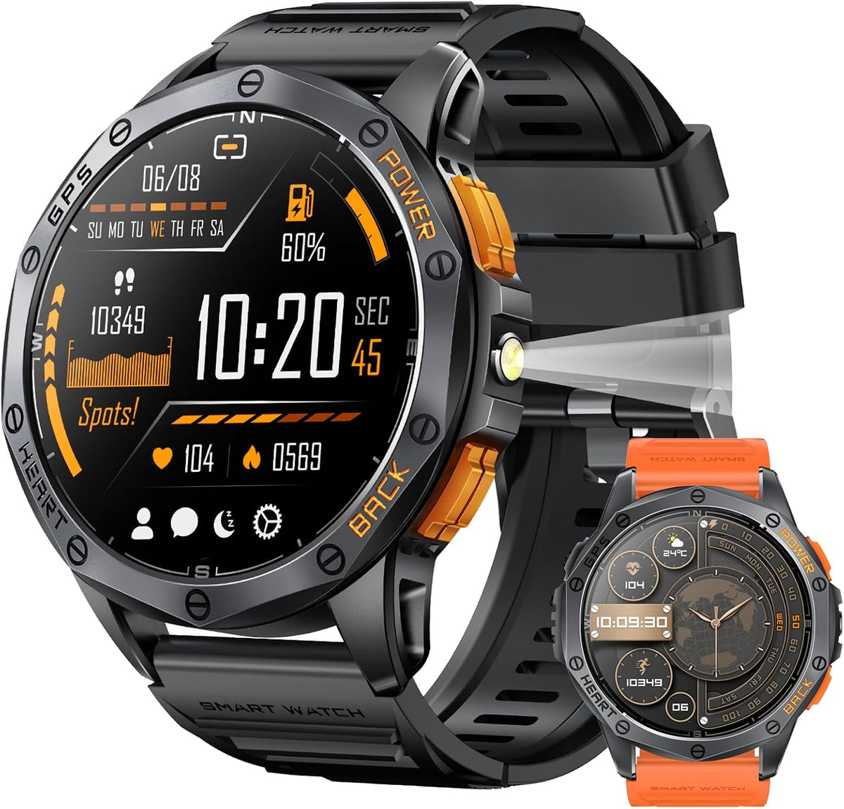 Relojes inteligentes militares con GPS integrado, más de 170 modos deportivos para hombres con linterna, reloj inteligente para teléfonos Android y iPhone, pantalla AMOLED de 1.43 pulgadas, altímetro