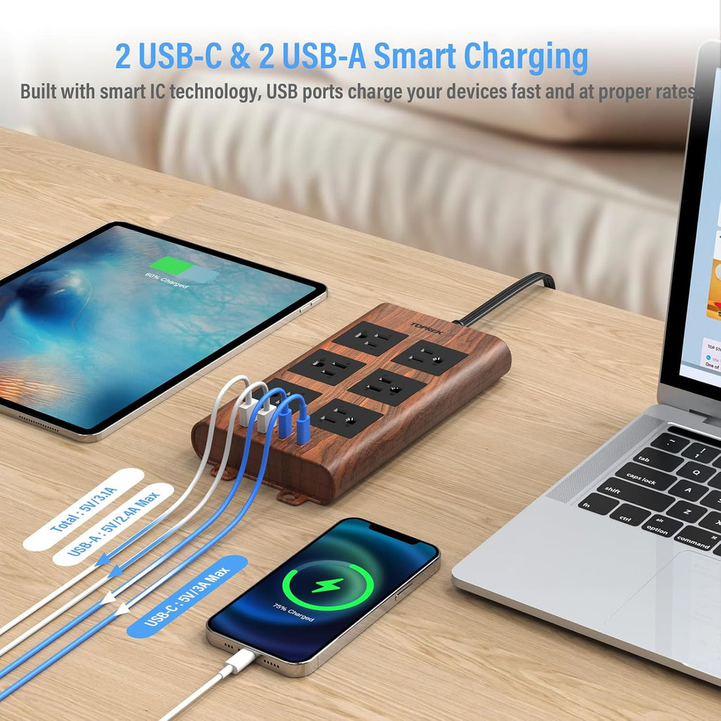 Regleta de protección contra sobretensiones (2100J), 6 tomas de corriente ampliamente espaciadas con 2 USB-C y 2 USB-A, cable de extensión de 6.5 pies con enchufe plano ultrafino, regleta de