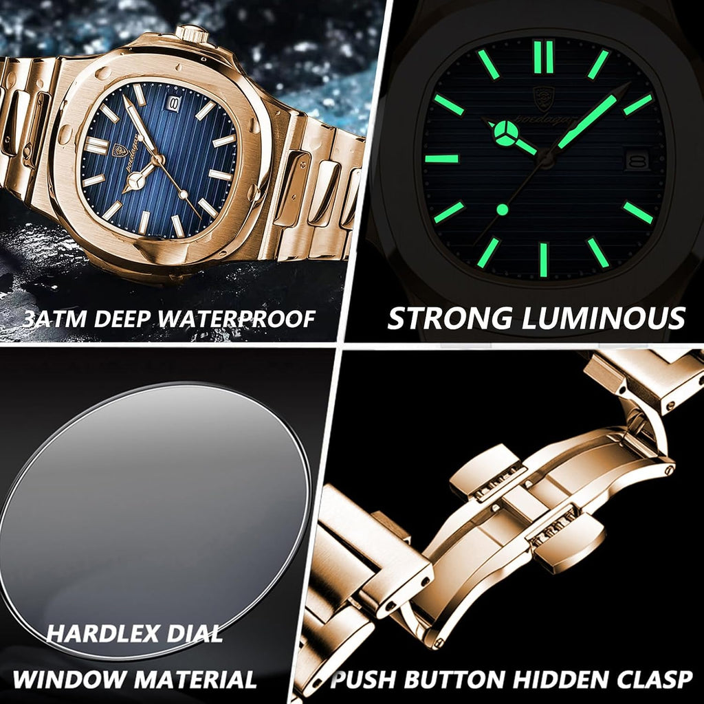 Poedagar Reloj de pulsera de moda para hombre, correa de acero inoxidable, reloj de cuarzo para hombre, impermeable, luminoso, fecha, cuadrado, relojes para hombre