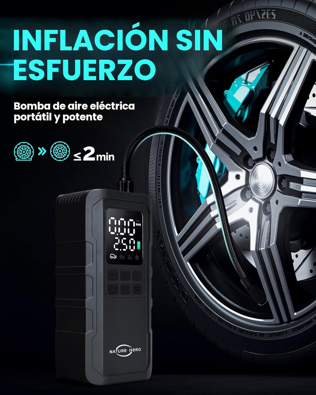 Nature Hero Compresor de aire portátil para inflador de neumáticos,...