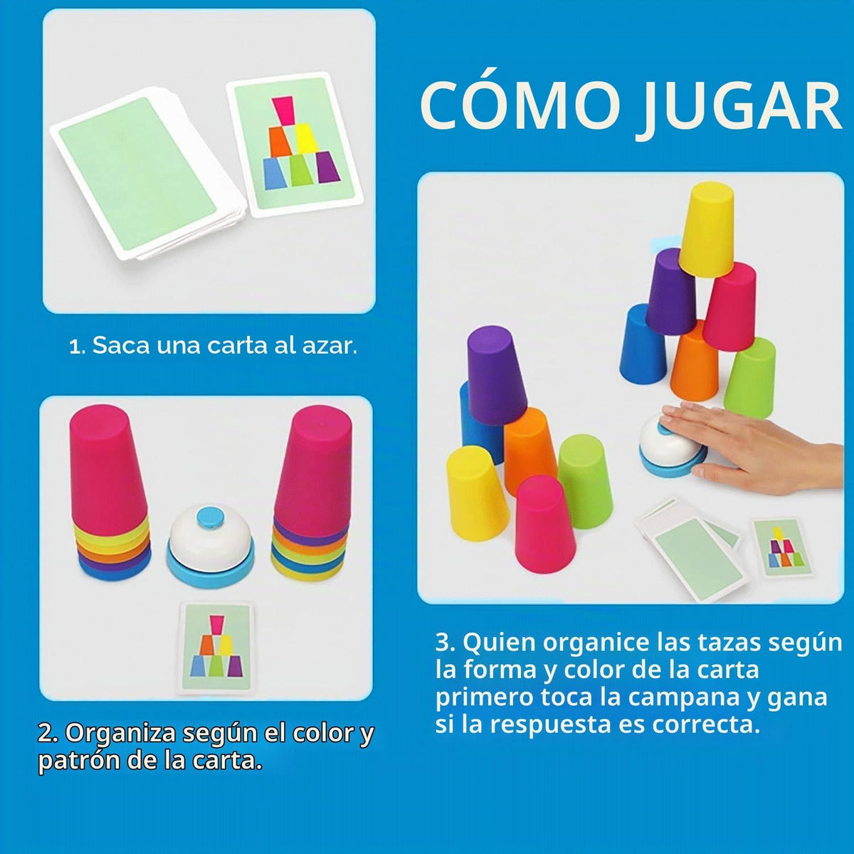 Juego de apilamiento de tazas con tarjetas y campana, juego de velocidad rápida + rompecabezas de bloques de construcción 2 en 1, juego de fiesta familiar para niños de 3 a 8 años, juguete