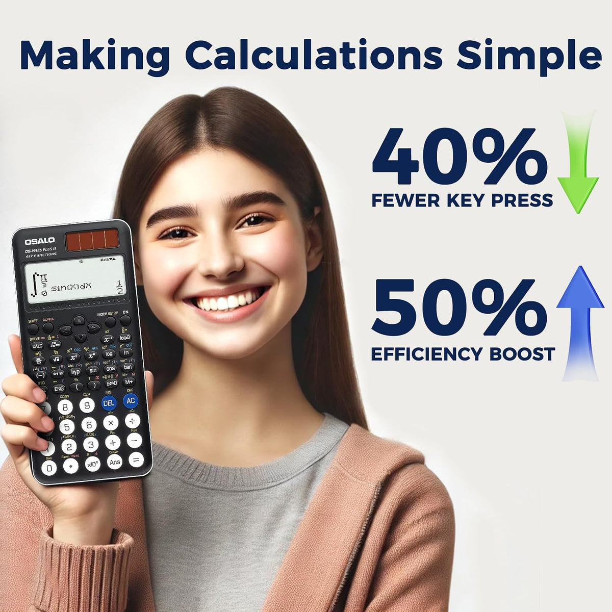 Calculadora científica de 417 funciones con pantalla de 2 líneas y 10+2 dígitos, con alimentación solar y por batería, para estudiantes de secundaria y universidad, color negro (OS 991ES Plus