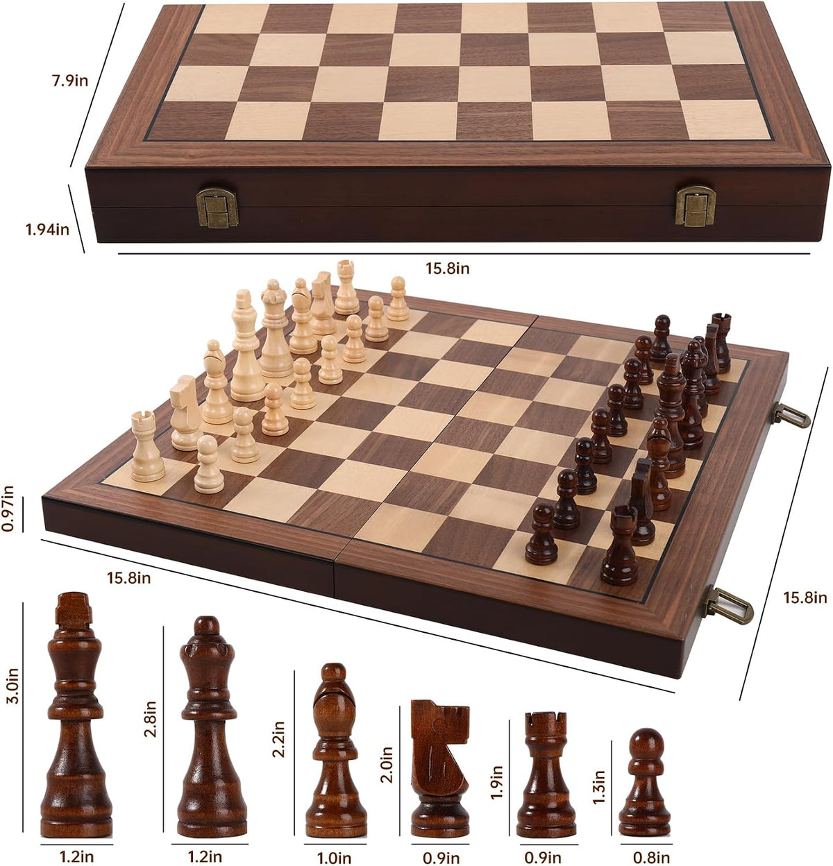 Juego de ajedrez magnético de madera plegable de 15 pulgadas, juego de ajedrez de viaje portátil con bolsa de tablero de ajedrez, juego de ajedrez para principiantes profesionales para torneos